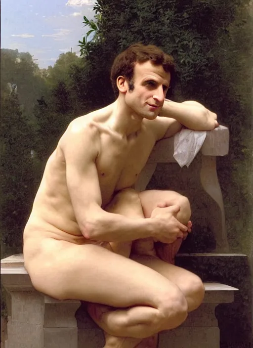 Image similar to Emmanuel Macron In the style of william adolphe bouguereau, Barefoot