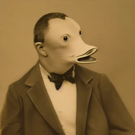 Image similar to a high detail photo of a man with a duck's head wearing a suit, antropomorphic, photorealism