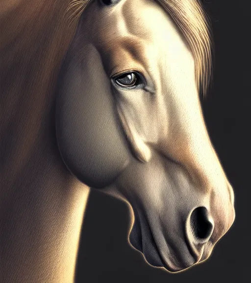 Prompt: portrait of a horse with heightened detail, poised, intense emotion, detailed facial expression, detailed surroundings, intricate, elegant, highly detailed, centered, digital painting, artstation, concept art, smooth, sharp focus, illustration, by ( leonardo da vinci ), wlop
