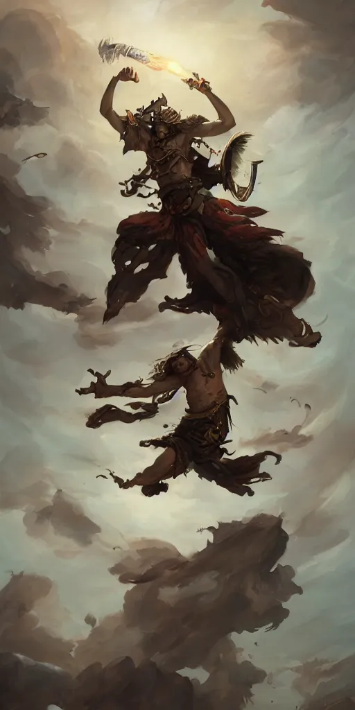 Prompt: Falling ancient warrior, mid air, clean white background, in Style of Peter Mohrbacher, cinematic lighting