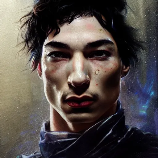 Image similar to ezra miller as flash, hyperrealistic portrait, bladerunner street, by karol bak and agnes cecile and artgerm, fantasy art, photo realistic, dynamic lighting, artstation, poster, volumetric lighting, very detailed face, 8 k, award winning