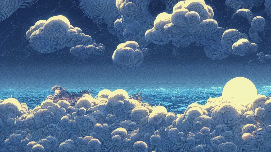 Prompt: highly detailed illustration of high exposure tsunami at night with cumulonimbus clouds by makoto shinkai, by aaron horkey, by moebius, by nico delort, by dan mumford, by otomo, 4 k resolution, realistic colors