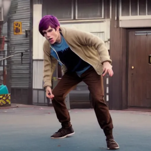 Image similar to Live Action Still of Jerma in Scott Pilgrim, real life, hyperrealistic, ultra realistic, realistic, highly detailed, epic, HD quality, 8k resolution, body and headshot, film still