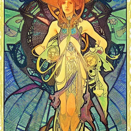 Image similar to Metroid by Alphonse Mucha, high detail, peaceful colors, tarot card