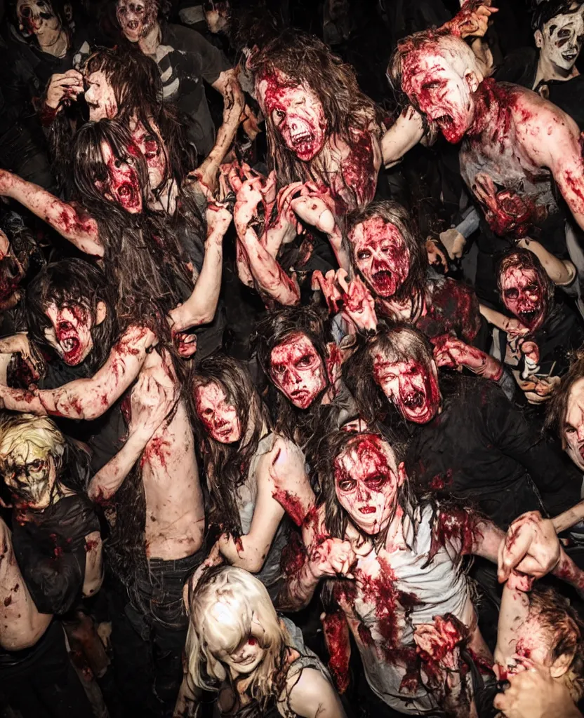 Prompt: photos of a wild underground party taken by merlin bronques, angry demonic death zombies