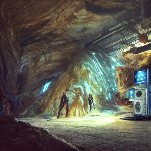 Prompt: two computers in a cave, piles of modular synth cables, two silhouettes of men working by a bright computer screen, by cameron gray, wlop, stanley kubrick, masamune, hideki anno, unique perspective, trending on artstation, 3 d render, smooth render