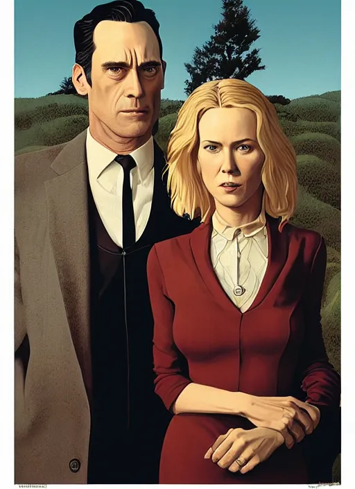 Image similar to poster artwork by Michael Whelan and Tomer Hanuka, Karol Bak of Naomi Watts & Jon Hamm husband & wife portrait, in the pose of American Gothic, from scene from Twin Peaks, clean, simple illustration, nostalgic, domestic, full of details