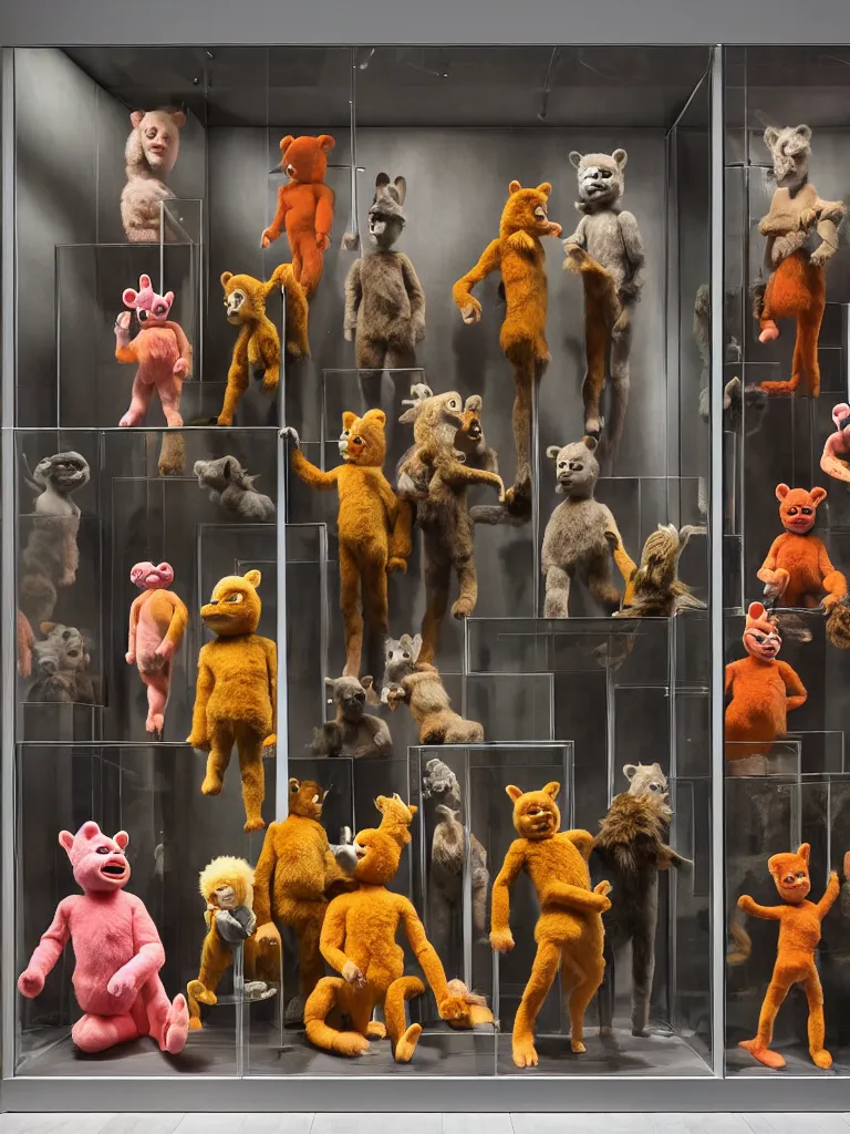 Image similar to diorama windowstore vitrine at the american museum of natural history, new york, of very realistic dissected teletubbies as furry animals, photography portrait aesthetic by guy bourdin