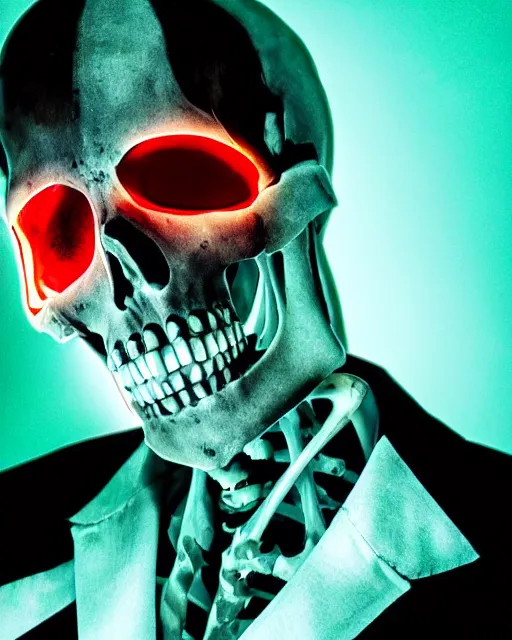 Prompt: dramatic cyberpunk portrait of a skeleton in a suit, red green blue color glow, atmospheric haze, intense shading, backlit