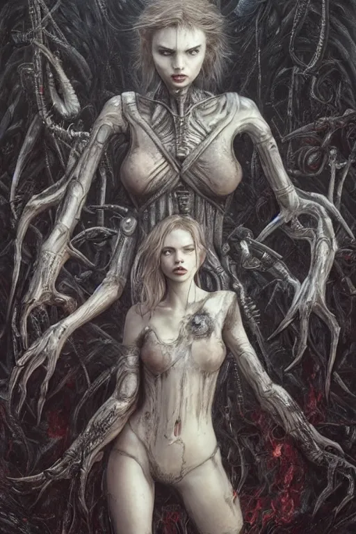 Image similar to portrait of hannah murray by hr giger, greg rutkowski, luis royo and wayne barlowe as a diablo, resident evil, dark souls, bloodborne monster