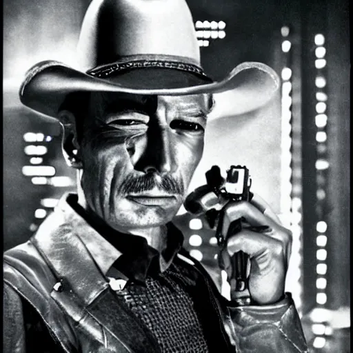 Image similar to Lee Van Cleef as a scifi futuristic cyberpunk cyberpunk cowboy. Amazing photo