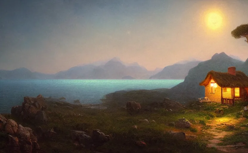 Image similar to small cozy cottage overlooking the ocean, close up shot, at dusk, distant mountains, 4k, rule of thirds, extreme detail, hazy water, intricate ink illustration, trending on artstation, cgsociety, hd, calm, complimentary colours, realistic lighting, by Albert Bierstadt, Frederic Edwin Church.