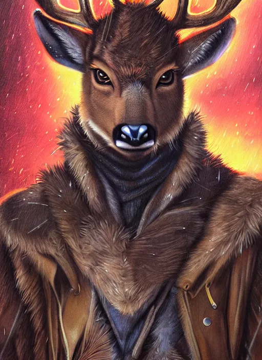 Image similar to aesthetic portrait commission of a of a male fully furry anthro deer with a tail and a beautiful attractive hyperdetailed face wearing wearing a outfit in a sci - fi dystopian city at golden hour while it storms in the background. character design by dayer, diego 5, detailed, inked, western comic book art, award winning film poster painting