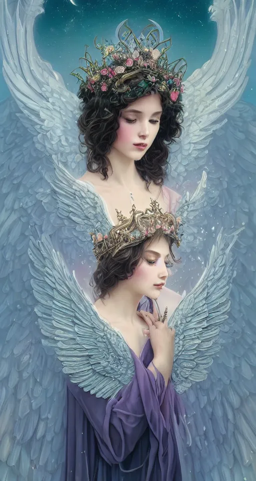 Image similar to beautiful young girl vaporwave aesthetic, synthwave, intricate, elegant, highly detailed, digital painting, wearing long gown, angelic wings, halo, crown, roses, ravens, flowers over her eyes, artstation, concept art, smooth, sharp focus, illustration, art by artgerm and greg rutkowski and alphonse mucha