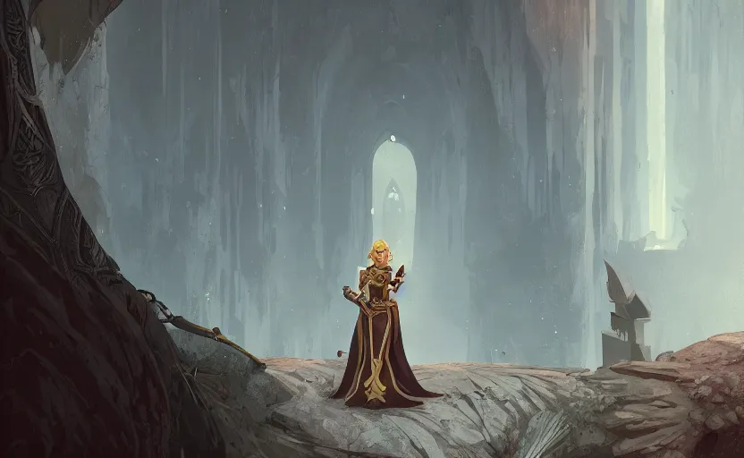 Image similar to the elder scrolls vi a portrait of a regal blond elven princess warrior near the epic entrance to a city. illustration by atey ghailan