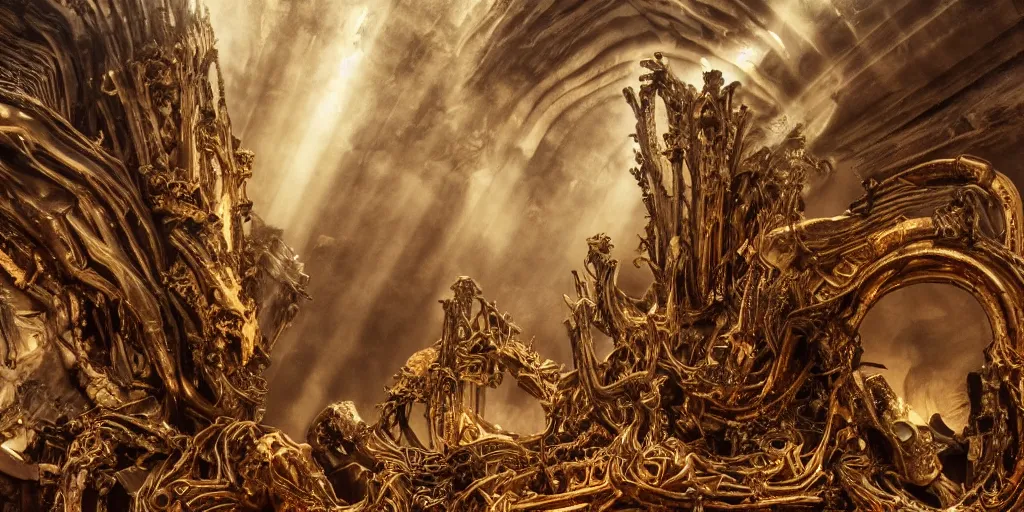 Image similar to ancient monument made of ribs and spines and teeth, gold ram horns, copper goat skulls, grand imposing powerful sculpture. swirls of mist. ominous clouds, intense light beams, lens flare. occult photorealism, uhd, amazing depth, volumetric lighting, cinematic lighting. epic landscape. alphonse mucha.