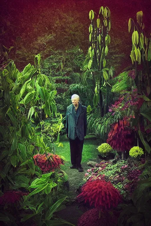 Prompt: “Old man in a garden full of big strange colorful plants. Photo in style of Matt Mahurin. Dark. Cinematic lighting. Photorealistic. Artstation.”