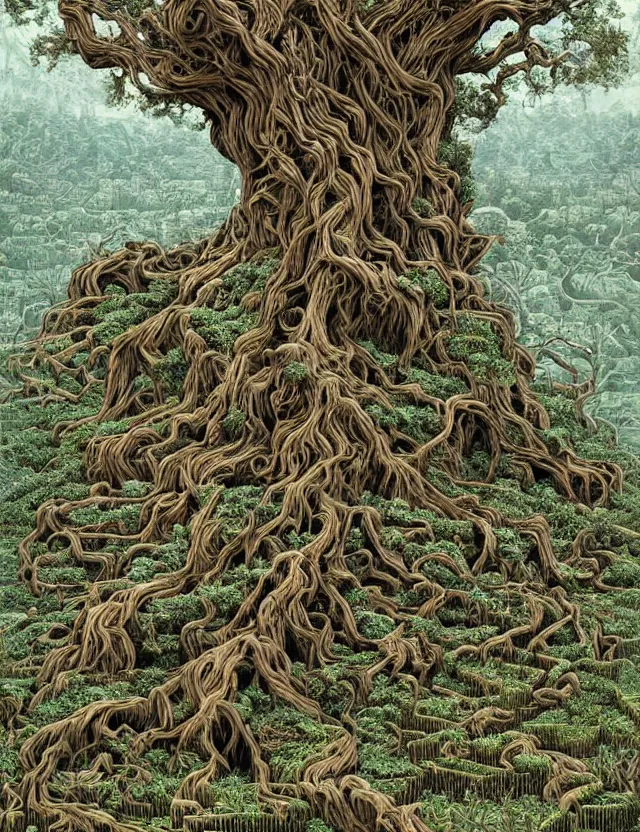 Prompt: an ancient tree with gnarled roots on a hill and rivulets of water running down in a maze by james jean and pascal blanche