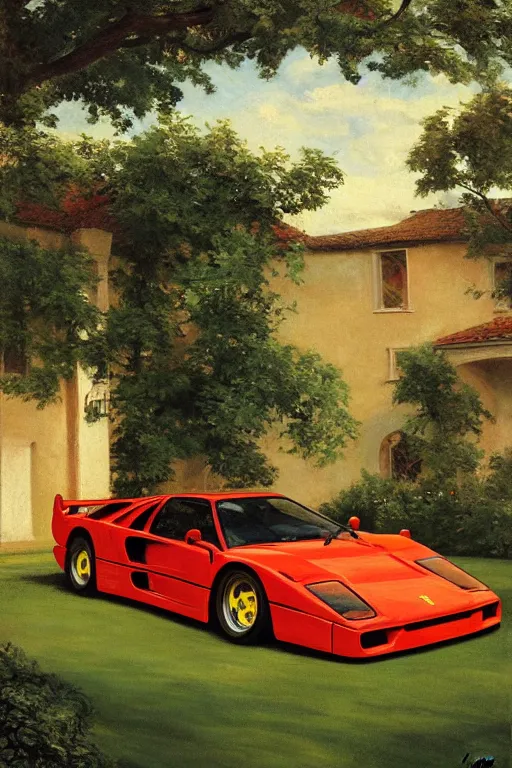 Prompt: ferrari f 4 0, golden hour, in a garden, artstation, by j. c. leyendecker and peter paul rubens,