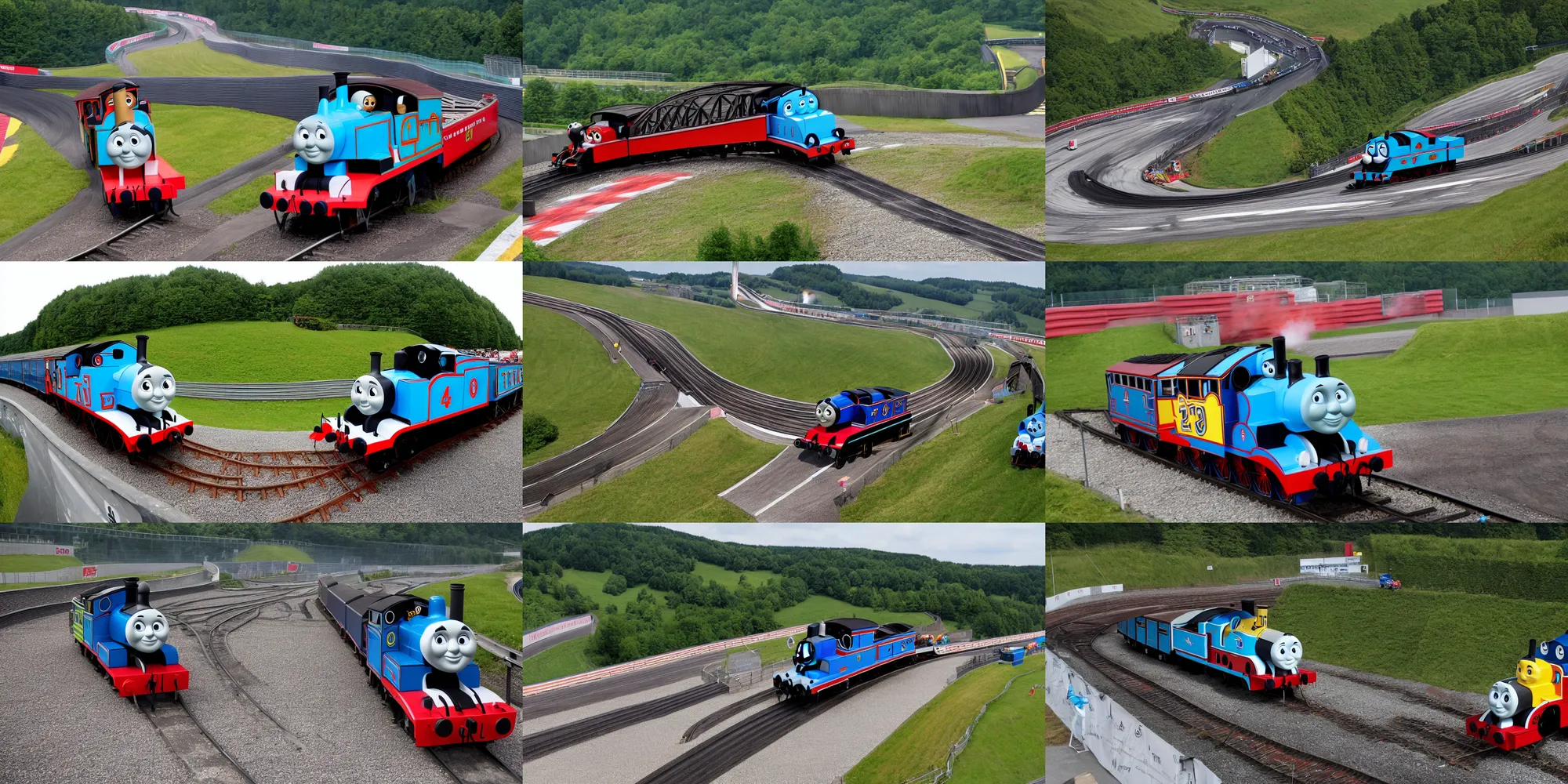 Prompt: Thomas the Tank Engine, on the race track at the Nurburgring Nordschleife. Setting a hot lap,