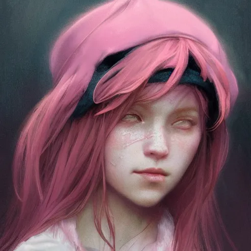 Image similar to a photorealistic dramatic fantasy render of a pink coloured haired young girl with a black wool modern hoody hat on her head by wlop, artgerm, greg rutkowski, alphonse mucha, beautiful dynamic dramatic dark moody lighting, shadows, cinematic atmosphere, artstation, concept design art, octane render, 8 k