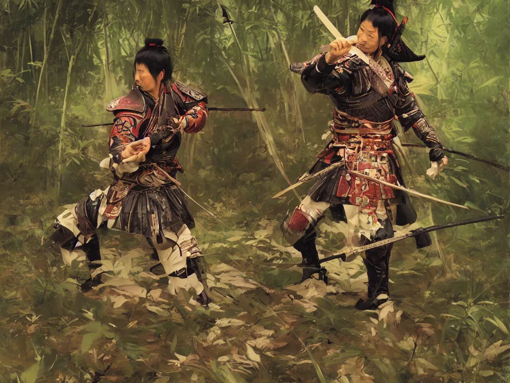 Image similar to a wandering samurai in full armor sitting in a dark bamboo forest, by huang guangjian and gil elvgren, sachin teng, greg manchess