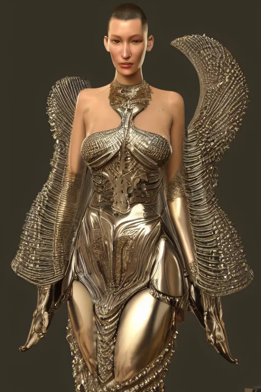 Prompt: a highly detailed 4 k render of a beautiful angel alien goddess bella hadid in iris van herpen dress armor schiaparelli in diamonds and jewelry in style of alphonse mucha trending on artstation made in unreal engine 4