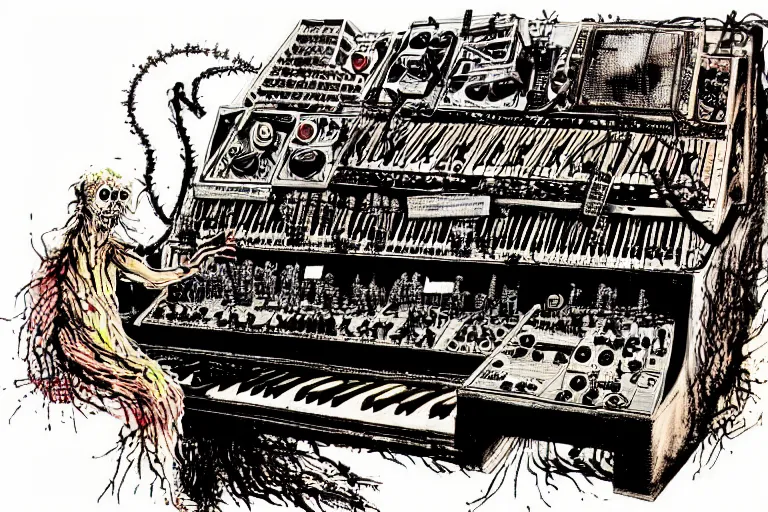 Prompt: synthesizer from hell by ralph steadman