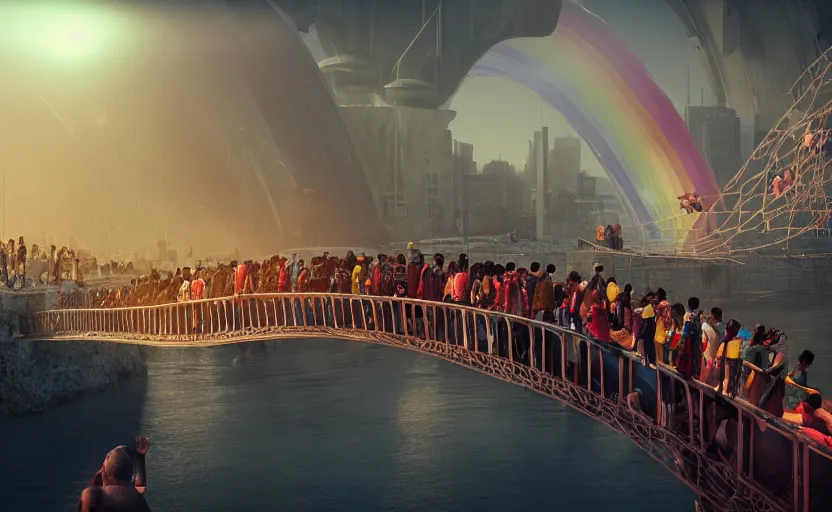 Prompt: incredible, refugees crossing a mindblowingly beautiful bridge made of rainbow, energy pulsing, hardlight, matte painting, artstation, solarpunk metropolis, cgsociety, dramatic lighting, concept art, octane render, arnold 3 d render