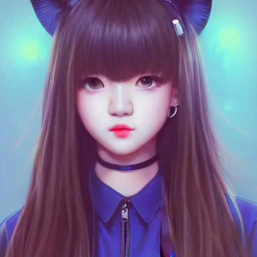 Image similar to realistic detailed semirealism beautiful gorgeous cute Blackpink Lalisa Manoban wearing school uniform, blue eyes blue iris, black hair black cat ears, black leather choker, proportional body, WLOP, Aztodio, Taejune Kim, sakimichan, ArtGerm, Pixiv, Instagram, Artstation