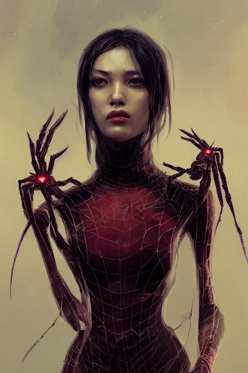 Image similar to A fancy portrait of a beautiful spider women by Greg Rutkowski, beeple, Sung Choi, Mitchell Mohrhauser, Maciej Kuciara, Johnson Ting, Maxim Verehin, Peter Konig, Bloodborne, 8k photorealistic, cinematic lighting, HD, high details, dramatic, dark atmosphere, trending on artstation