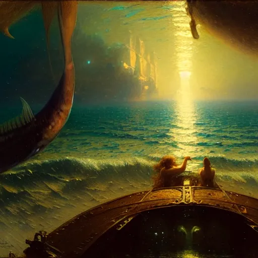 Image similar to point of view of deep in the ocean looking up, you see fishes, the milk way, night time, midnight, no sunlight. highly detailed painting by gaston bussiere, greg rutkowski 8 k