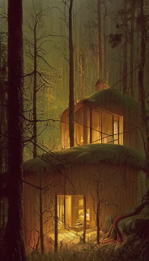 Image similar to cozy home in the woods moody lighting, highly detailed, painting by zdzisław beksinski and norman rockwell and greg rutkowskiweta studio, and lucasfilm