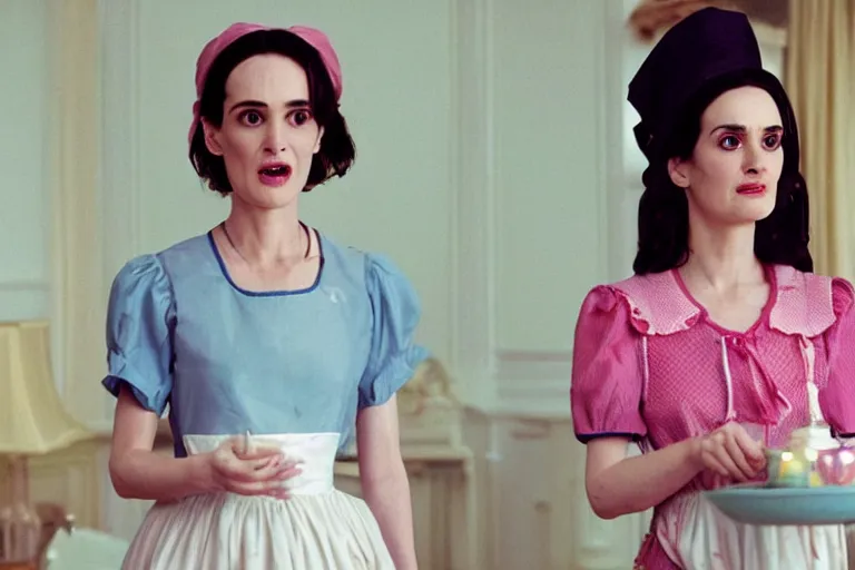 Prompt: mid-shot of winona ryder as a maid in the new movie directed by Wes Anderson, symmetrical shot, idiosyncratic, relentlessly detailed, pastel, limited colour palette, detailed face, movie still frame, promotional image, imax 70 mm footage