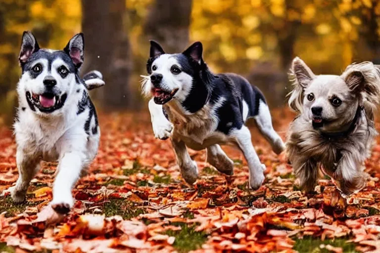 Image similar to dogs running through autumn leaves towards the camera