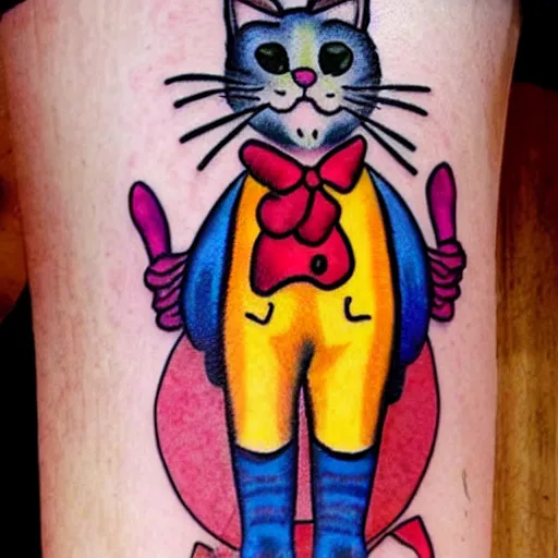 Image similar to adorable cat dressed as a clown tattoo design