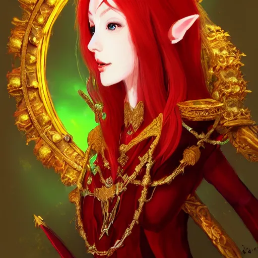 Prompt: Portrait of a red-haired beautiful elven queen with golden crown and in red, gold and green dress sitting on a throne. In style of Hyung-tae Kim concept art, trending on ArtStation, Korean MMORPG.