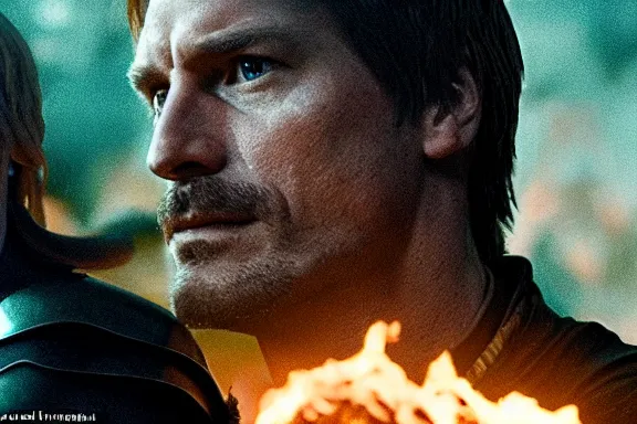 Image similar to very very intricate photorealistic photo of jaime lannister defeating cersei, photo is in focus with detailed atmospheric lighting, award - winning details