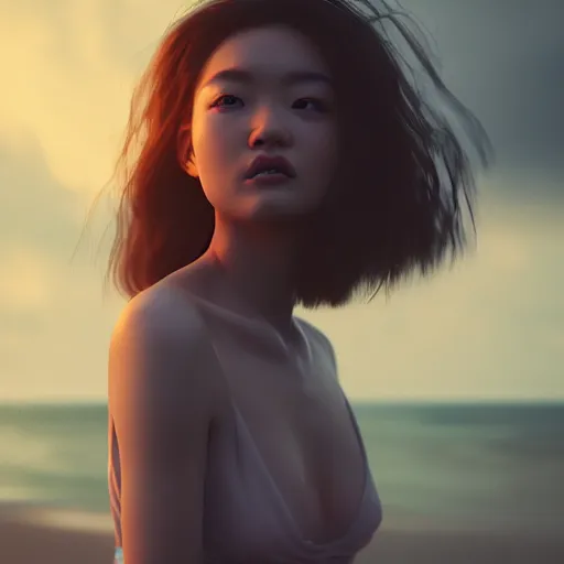 Prompt: a photorealistic hyperrealistic, jade hsu, girl on the beach, beautiful dynamic dramatic low - light moody lighting, cinematic atmosphere, artstation, concept design art, octane render, 8 k