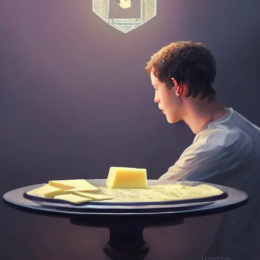 Image similar to mark zuckerberg eating an entire wheel of cheese, highly detailed vfx portrait, unreal engine, greg rutkowski, loish, rhads, caspar david friedrich, makoto shinkai and lois van baarle, ilya kuvshinov, rossdraws, elegent, tom bagshaw, alphonse mucha, global illumination, detailed and intricate environment.