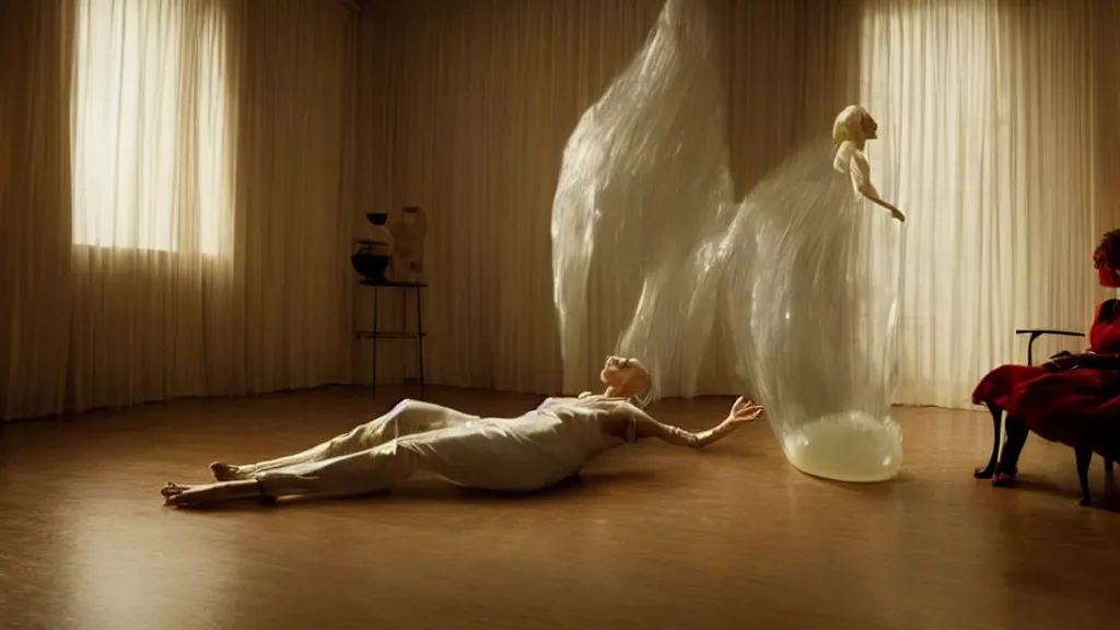Image similar to a woman made of wax and water floats through the living room, film still from the movie directed by Denis Villeneuve with art direction by Salvador Dalí, wide lens