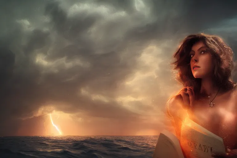 Prompt: A beautiful woman upon a giant book in the middle of the ocean during a storm, dramatic lighting, cinematic, 8k HDR, highly detailed, high quality, octane render, unreal engine 5, path tracing, turbulent sea, concept art, trending on Artstation