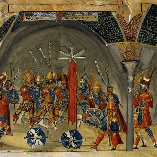 Image similar to a group of Byzantine knights fighting an Anatolian dragon in a gargantuan cistern underneath Istanbul