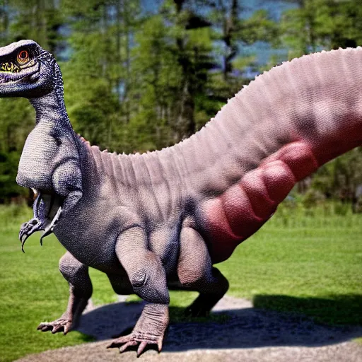 Image similar to First adult dinosaur clone, photograph, circa 2167