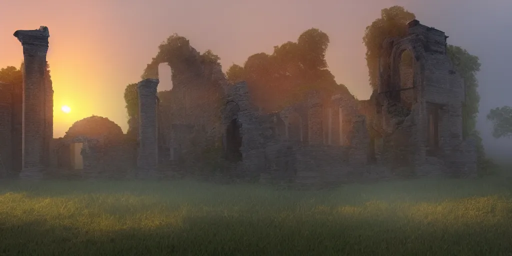 Image similar to mystical ruins, volumetric lighting, sunrise, vivid, fog