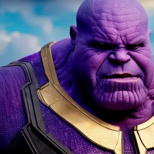 Image similar to a screenshot of a purple-skinned Danny Devito playing Thanos in Avengers Endgame