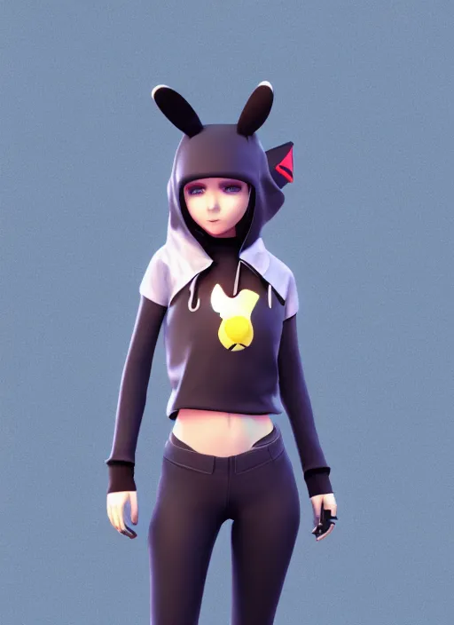 Image similar to vrchat, secondlife, imvu, 3 d model of a girl in a pikachu hoodie, hq render, detailed textures, artstationhd, booth. pm, highly detailed attributes and atmosphere, dim volumetric cinematic lighting, hd, unity unreal engine