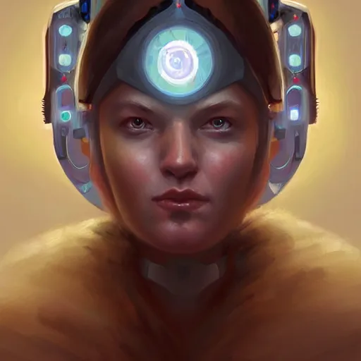 Prompt: portrait of a future metaverse cyborg tech shaman warrior by Mandy Jurgens, 2D cartoon, flat cartoony, oil painting visionary art, symmetric, Magick symbols, holy halo, shipi bo patterns, sci-fi