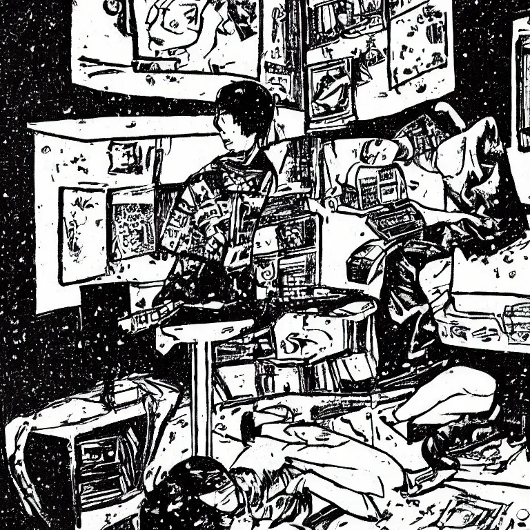 Image similar to illustration of teenager playing video games inside ominous creepy 1 9 8 0's teenagers bedroom. manga style of kentaro mirua,