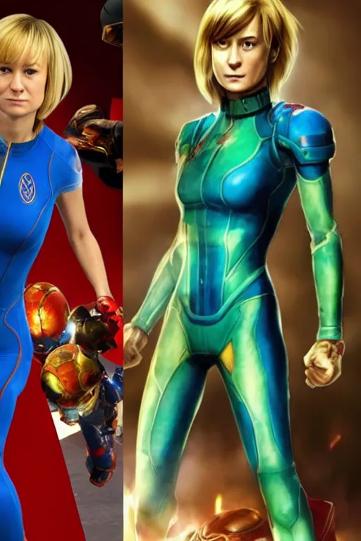 Prompt: Brie Larson as Samus Aran in her zero suit, baby Metroid nearby